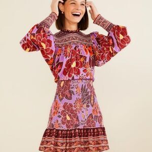 Farm Rio Purple Pink Floral Smocked Edgy Bohemian Feminine Mini Dress Size Small